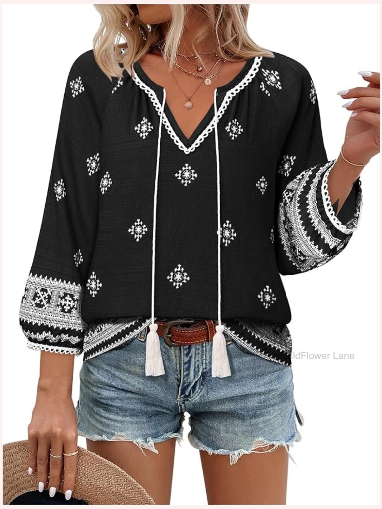 Womens Boho V Neck 3/4 Sleeve Floral Blouse Tie Front Flowy